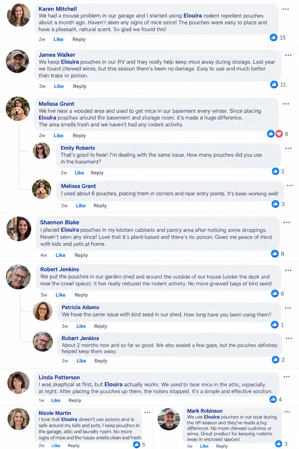 Facebook comments from Elouira customers